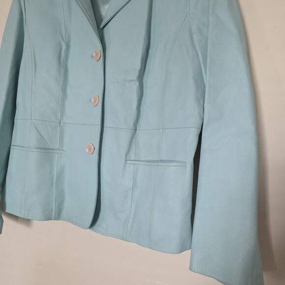 Vintage Baby Blue Leather Jacket Womens L Button Up Moto Y2K 90s Lined Pastel - Picture 4 of 11